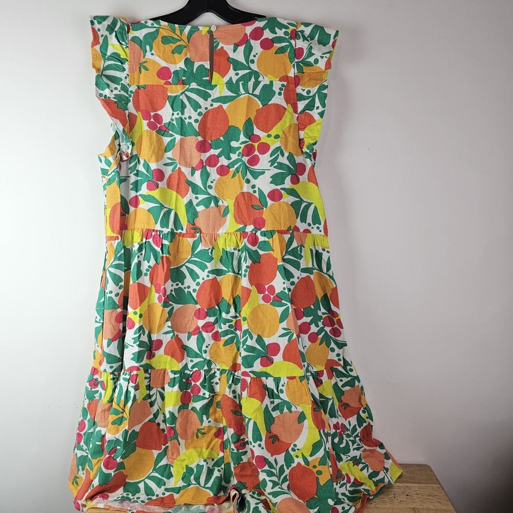 J. Crew Linen Blend Printed Mini‎ Dress A-Line Tiered Floral Fruit Pockets Sz 12 - Picture 6 of 9